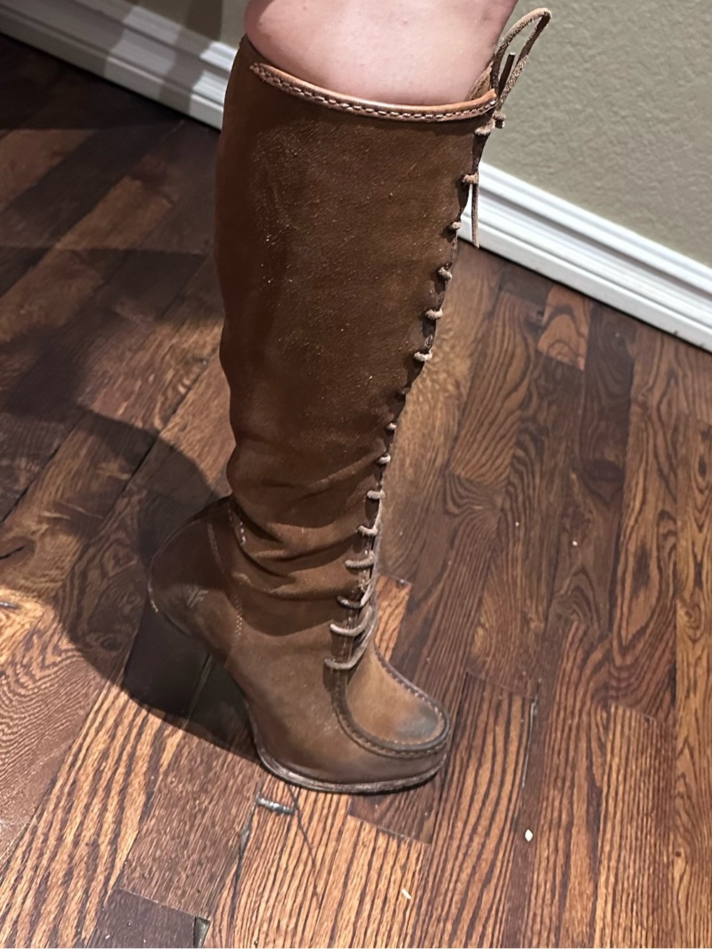 Frye Brown Suede Knee-High Lace-Up Block Heel Boots - Picture 3 of 9